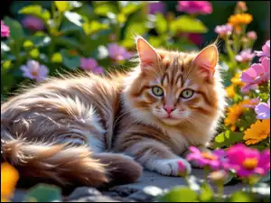 Kwiaty, Leżący, Kot, Kolorowe