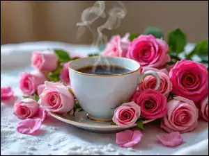 Kwiaty, Serweta, Kawa, Filiżanka, Róże