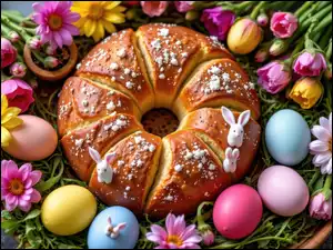 Chleb, Pieczywo, Jajka, Wielkanoc, Kolorowe, Kwiaty