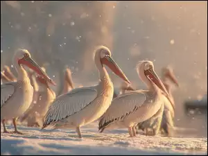 Pelikany na śniegu nad wodą