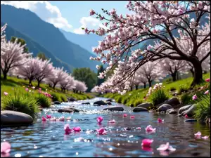 Rzeka, Kwitnące, Wiosna, Góry, Kwiaty, Trawa, Drzewa