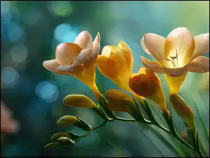 Rozświetlone żółte frezje na kolorowym tle