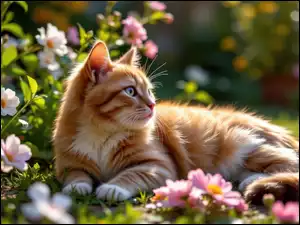 Leżący, Spojrzenie, Rudy, Kot, Kwiaty
