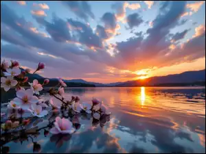 Kwiaty, Gałąź, Grafika AI, Różowe, Zachód słońca, Niebo, Jezioro