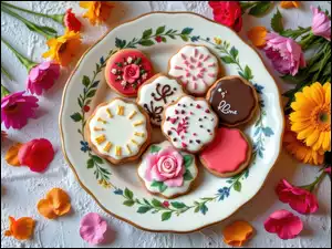 Gerbery, Udekorowane, Kolorowe, Białe, Ciasteczka, Kwiaty, Tło, Talerz