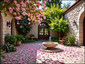 Rośliny, Płatki, Kwiatów, Krzesło, Kwiaty, Dom, Drzewa, Ozdobne, Fontanna, Dziedziniec