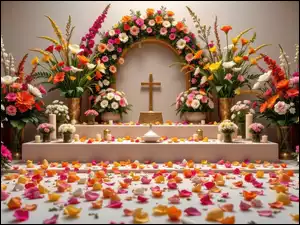 Krzyż, Świece, Kwiatów, Ołtarzyk, Płatki, Kwiaty, Bukiety