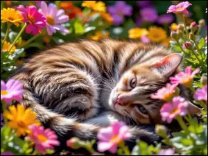 Kwiaty, Pręgowany, Leżący, Kot