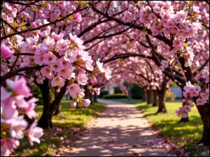 Drzewa, Gałązki, AI, Kwitnące, Droga, Kwiaty, Różowe