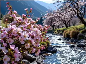 Kwiaty, Wiosna, Strumyk, Grafika AI, Drzewa, Góry