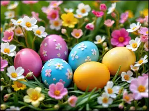 Pisanki, Jajka, Trawa, Wielkanoc, Kwiaty, Drobne, Kolorowe