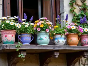 Doniczki z kolorowymi kwiatami na balkonie przy oknie