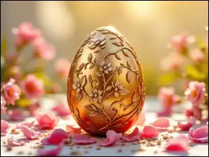 Złota pisanka z wytłoczonym motywem kwiatowym na płatkach kwiatów