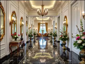 Stolik, Lustra, Żyrandol, Kinkiety, Wazony, Hol, Kolorowe, Bukiety, Kwiaty, Fotele