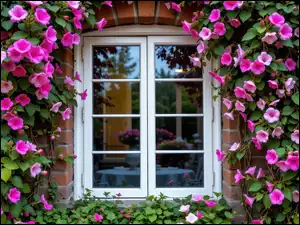 Okno, Cegły, Kwiaty, Różowe, Ściana