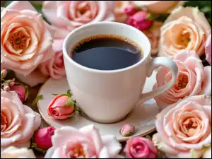 Biała, Kawa, Talerzyk, Róże, Filiżanka, Kwiaty