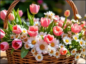 Bukiet, Grafika AI, Stokrotki, Tulipany, Koszyk