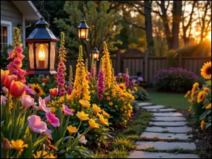 Słoneczniki i zapalone latarnie wśród kolorowych kwiatów przy kamiennej ścieżce w ogrodzie