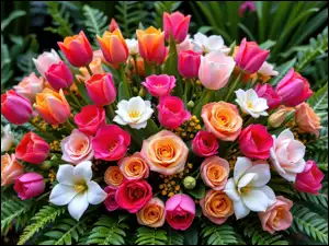 Róże, Listki, Kwiaty, Bukiet, Tulipany