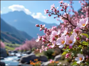 Kwiaty, Różowe, Góry, Grafika AI, Gałązki, Niebo