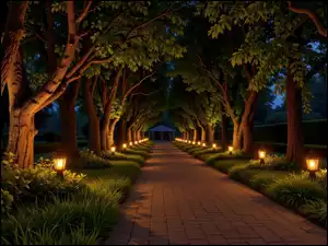 Zapalone nocąlatarnie w trawie pod drzewami po obu stronachbrukowanej ścieżki w parku