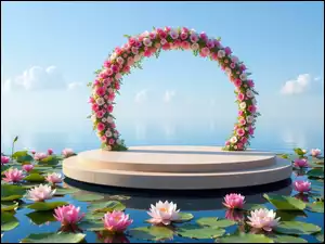 Morze, Kwiaty, Al, Podium, Lilie wodne, Łuk, Kwiatowy