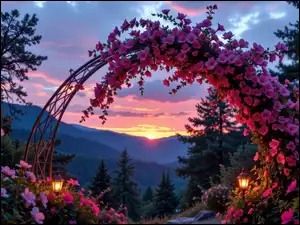 Różowe, Kwiaty, Drzewa, Łuk, Góry, Latarnie, Zachód słońca