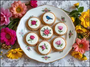 Ciastka, Udekorowane, Kolorowe, Obrus, Talerz, Kwiaty