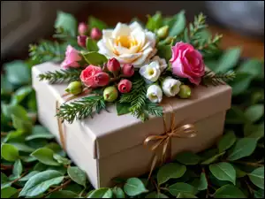 Liście, Prezent, Wstążka, Kwiaty