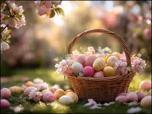 Koszyk, Jajka, Grafika AI, Wielkanoc, Drzewo owocowe, Kwiaty, Pisanki