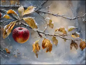 Gałązka, Jabłko, Suche, Grafika AI, Ośnieżona, Liście