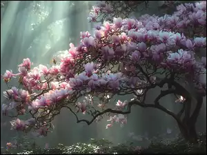 Krzew różowej magnolii oświetlony oromieniami słonca