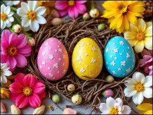 Trzy, Wielkanoc, Gniazdko, Kwiaty, Pisanki, Kolorowe