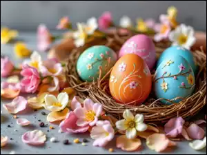 Jajka, Pisanki, Wielkanoc, Kolorowe, Kwiaty, Płatki, Gniazdo