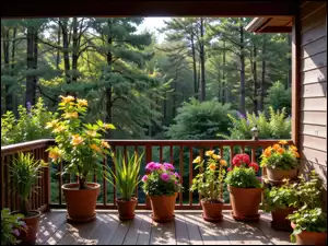 Kolorowe kwiaty w doniczkach na werandzie drewnianego domu w lesie