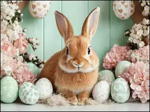 Królik, Kwiaty, Rudy, Wielkanoc, Pisanki