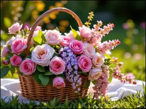 Róże, Ogród, Kolorowe, Kwiaty, Koszyk