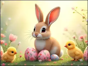 Kurczaki, Grafika, Zajączek, Wielkanoc, Pisanki