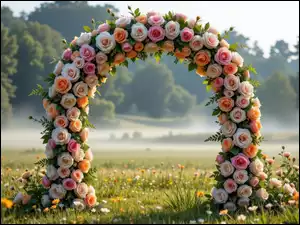 Łuk, Kolorowe, Drzewa, Kwiaty, Mgła, Łąka, Róże