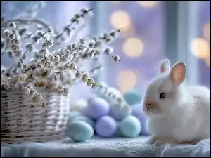 Biały zajączek obok kosza z baziami