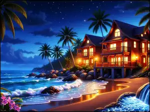 Palmy, Grafika AI, Morze, Plaża, Domy