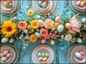 Pisanki i kolorowe jajka na dekoracji z kwiatów ina talerzach na stole