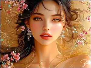 Kolczyki, Grafika, Dziewczyna, Kwiaty