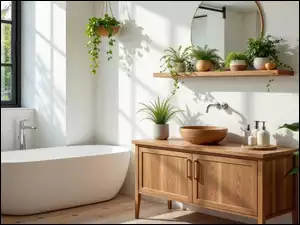 Półka, Łazienka, Szafka, Okno, Wanna, Kwiaty, Lustro, Umywalka