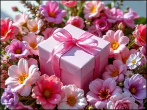 Prezent, Pudełko, Wstążka, Kwiaty, Różowa, Kolorowe