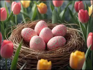 Tulipany, Wielkanoc, Gniazdko, Pisanki
