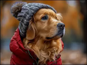 Pies w czapce i czerwonej kurtce