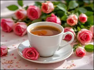 Biała, Róże, Filiżanka, Kawa, Kwiaty