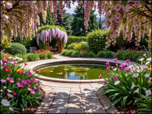 Ławki, Oczko, Pergola, Kwiaty, Drzewa, Wodne, Krzewy, Ogród, Kolorowe