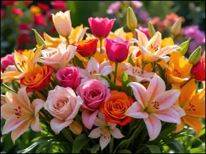 Kwiaty, Tulipany, Zbliżenie, Kolorowe, Bukiet, Lilie, Róże